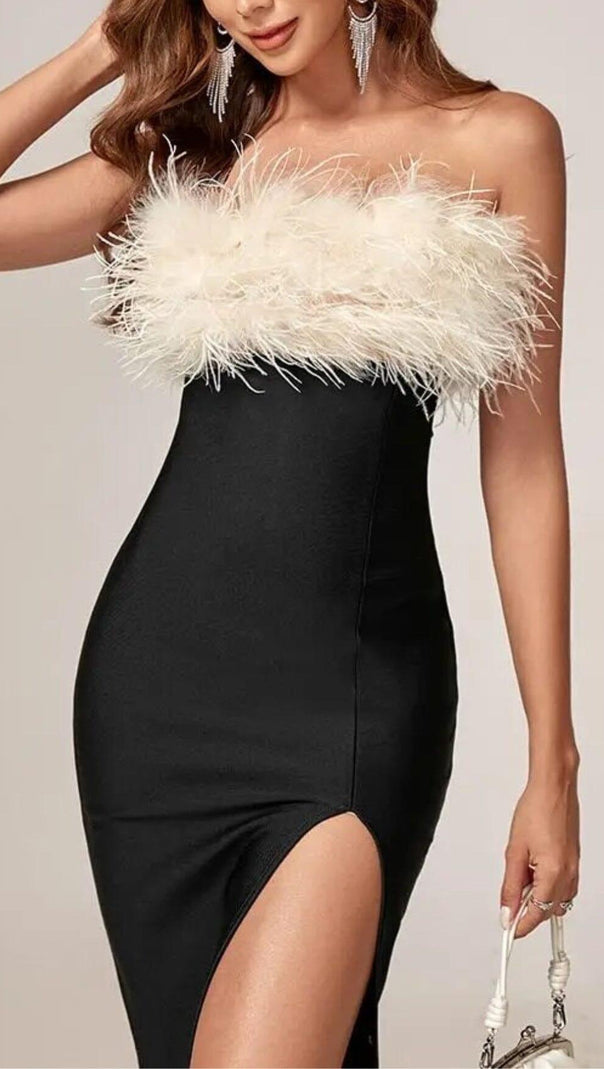 AIIZIE BLACK OFF SHOULDER FEATHERS MAXI BANDAGE DRESS - product image
