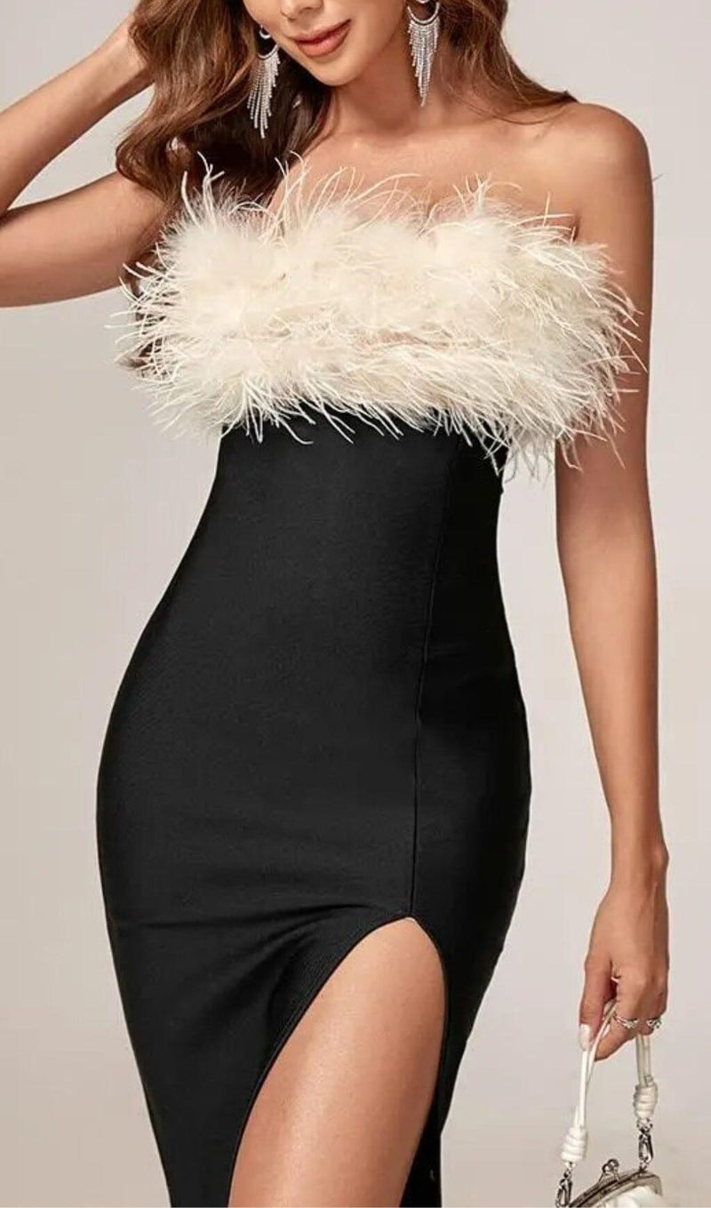 BLACK OFF SHOULDER FEATHERS MAXI BANDAGE DRESS