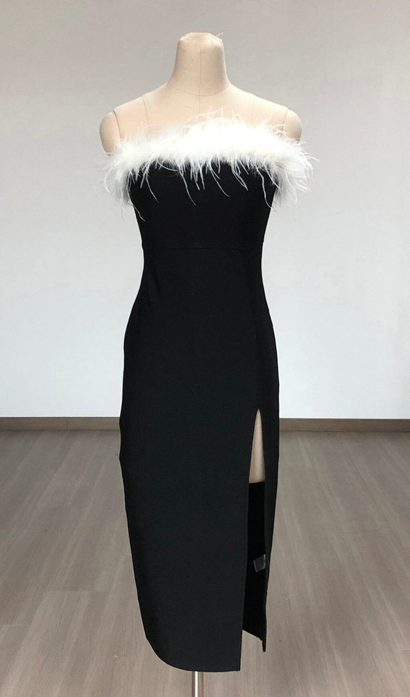 BLACK OFF SHOULDER FEATHERS MAXI BANDAGE DRESS