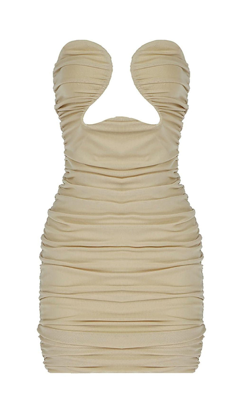 CUT-OUT RUCHED BODYCON MINI DRESS IN WHITE