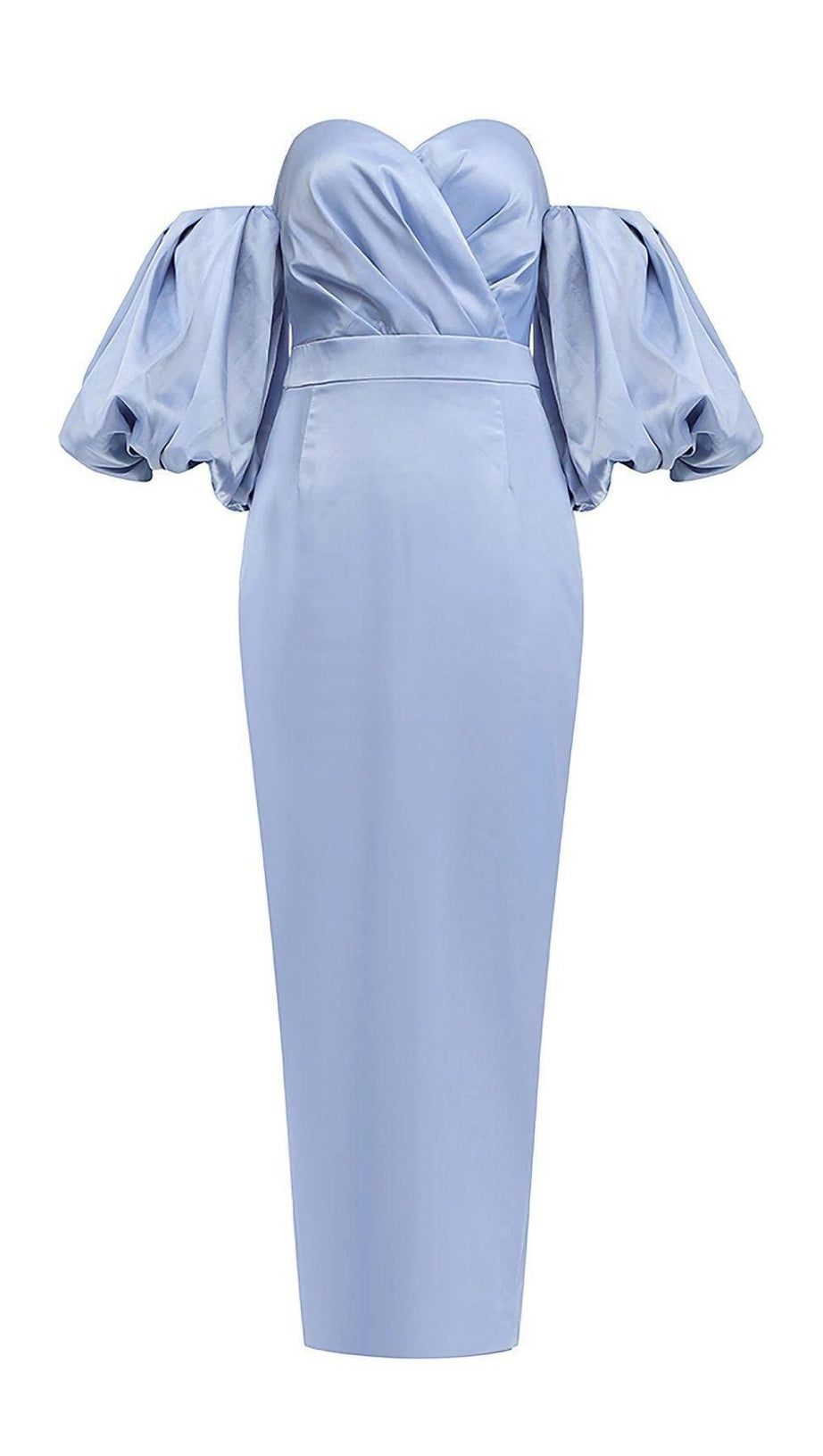TRÄGERLOSES MIDIKLEID MIT PUFFÄRMELN IN BLAU