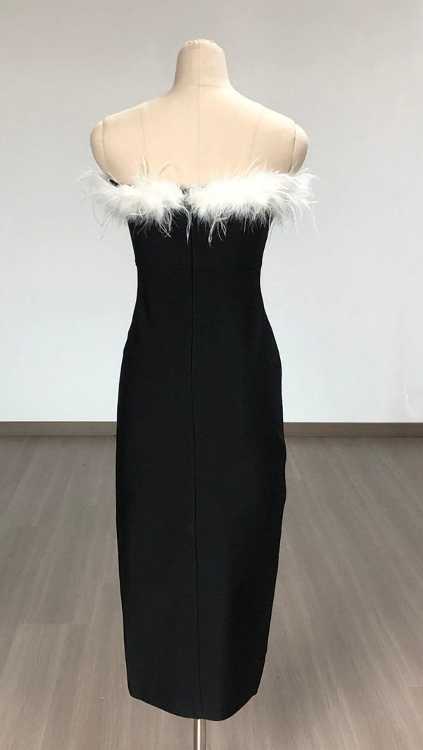 AIIZIE BLACK OFF SHOULDER FEATHERS MAXI BANDAGE DRESS - product image