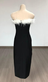 BLACK OFF SHOULDER FEATHERS MAXI BANDAGE DRESS