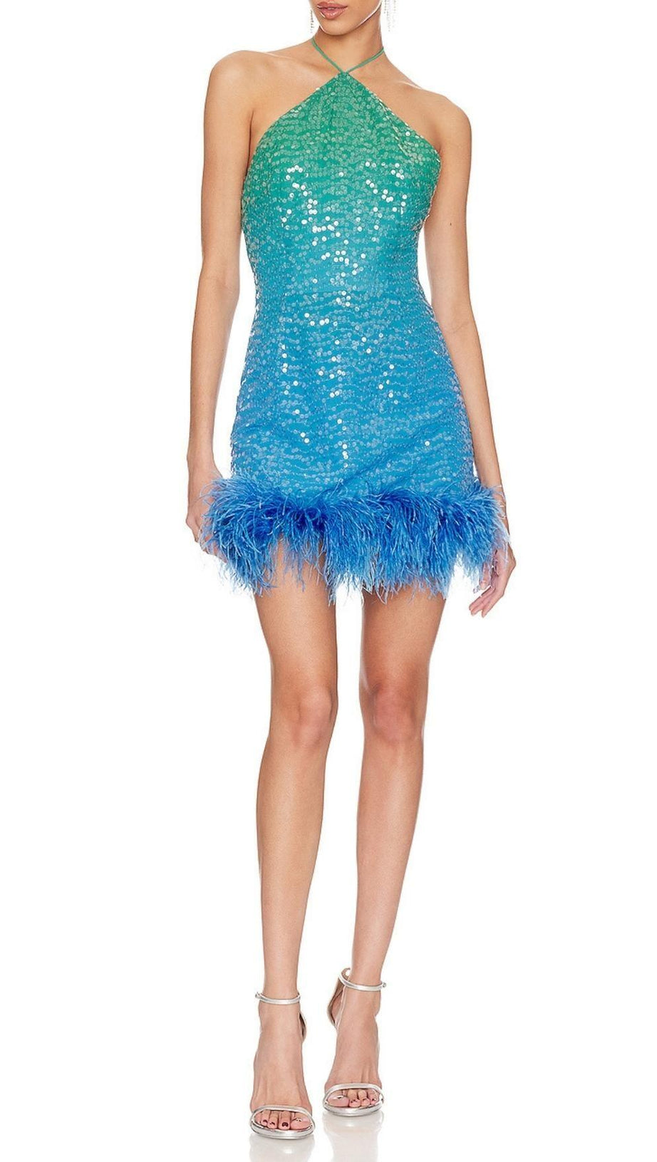 MINI ABITO CON PIUME, PAILLETTES E GIOIELLI TURCHESI