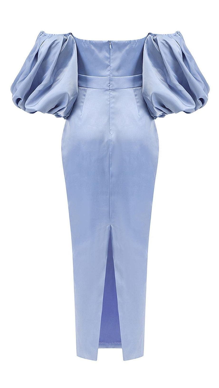 STRAPLESS PUFF SLEEVES MIDI DRESS IN BLUE