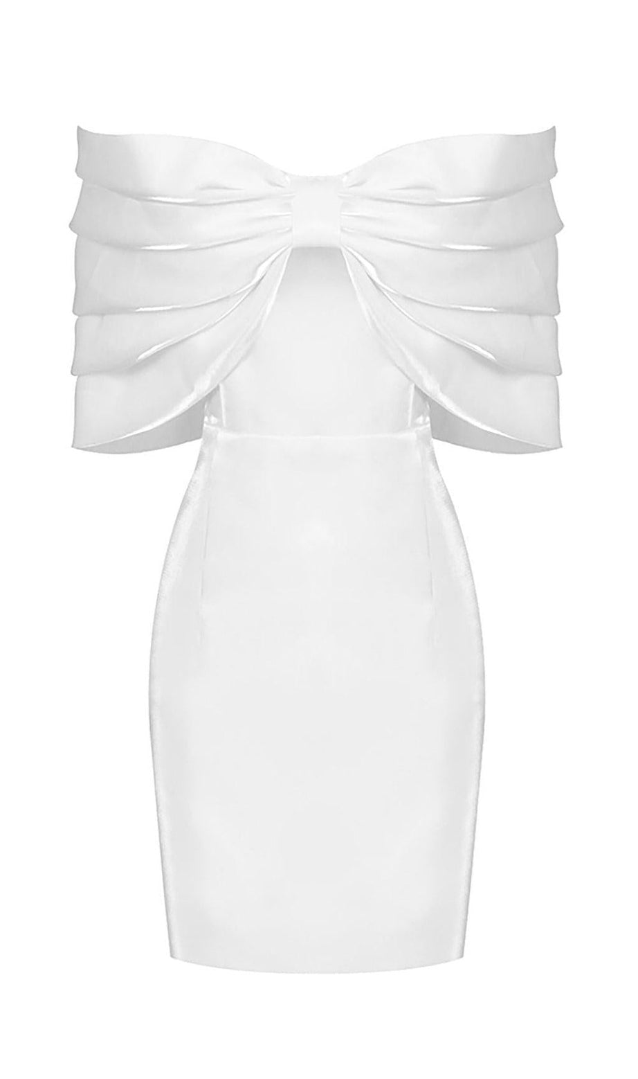 MINI ABITO IN RASO ROSA CON FIOCCO E SPALLE SCOPERTE, BIANCO