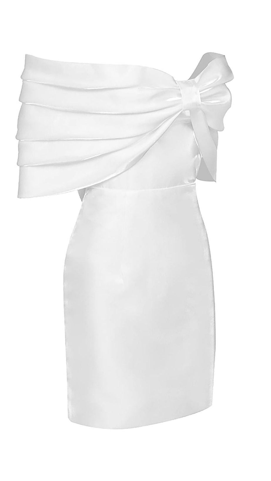 SATIN PINK BOW OFF SHOULDER MINI DRESS IN WHITE