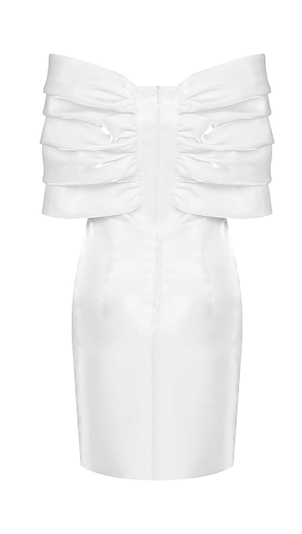 AIIZIE SATIN PINK BOW OFF SHOULDER MINI DRESS IN WHITE - product image