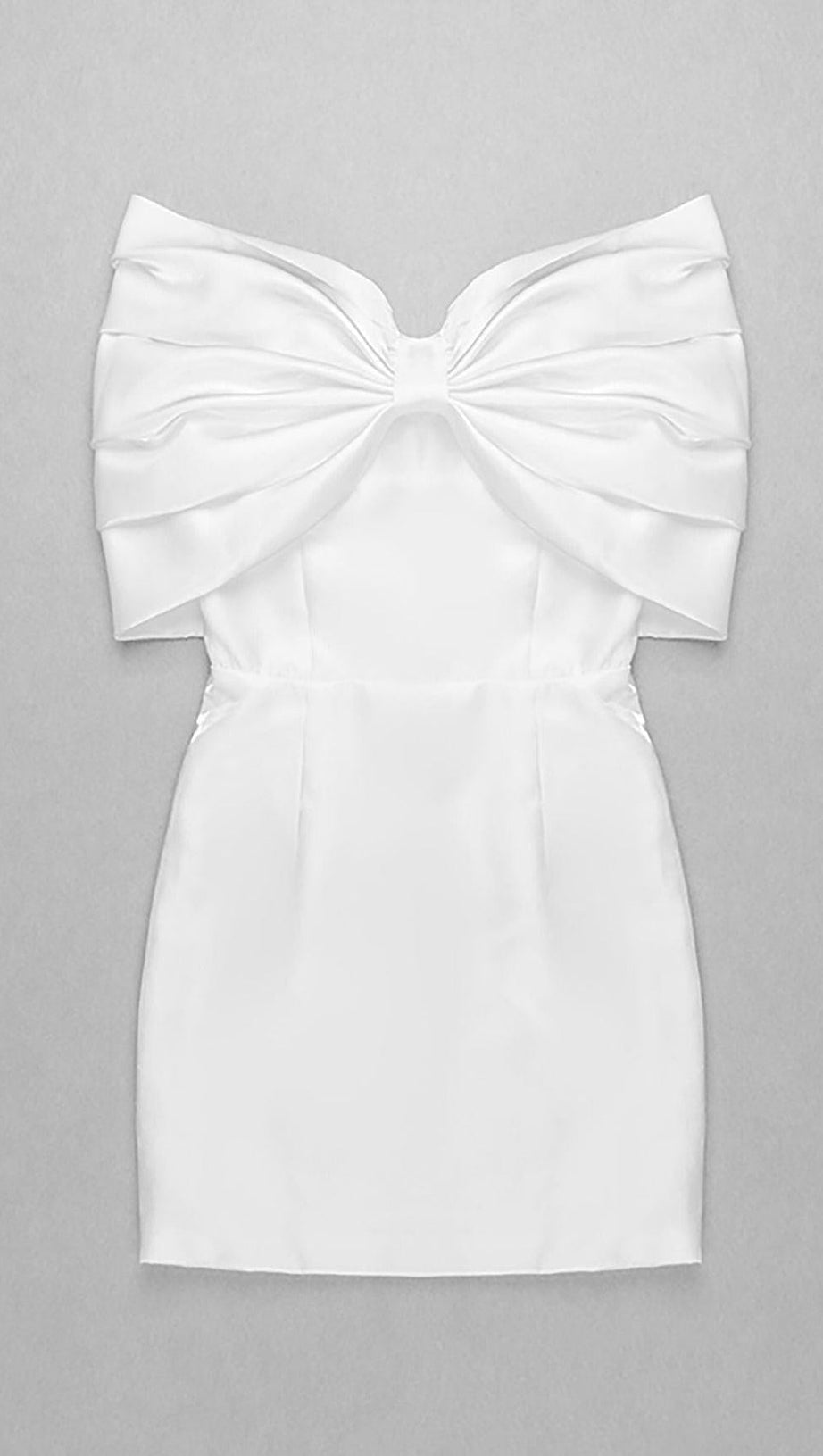 SATIN PINK BOW OFF SHOULDER MINI DRESS IN WHITE