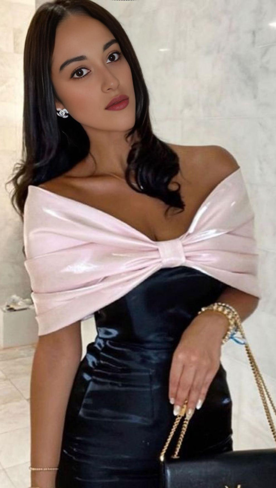 SATIN PINK BOW OFF SHOULDER MINI DRESS IN WHITE