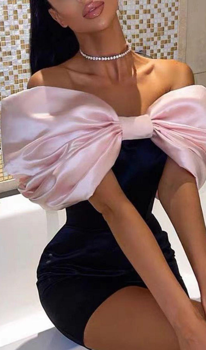 SATIN PINK BOW OFF SHOULDER MINI DRESS IN WHITE