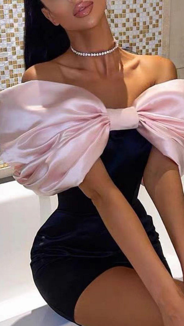 AIIZIE SATIN PINK BOW OFF SHOULDER MINI DRESS - product image