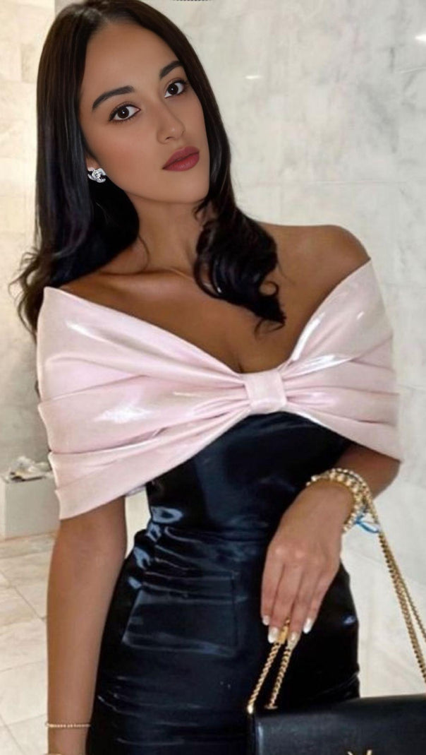 AIIZIE SATIN PINK BOW OFF SHOULDER MINI DRESS - product image