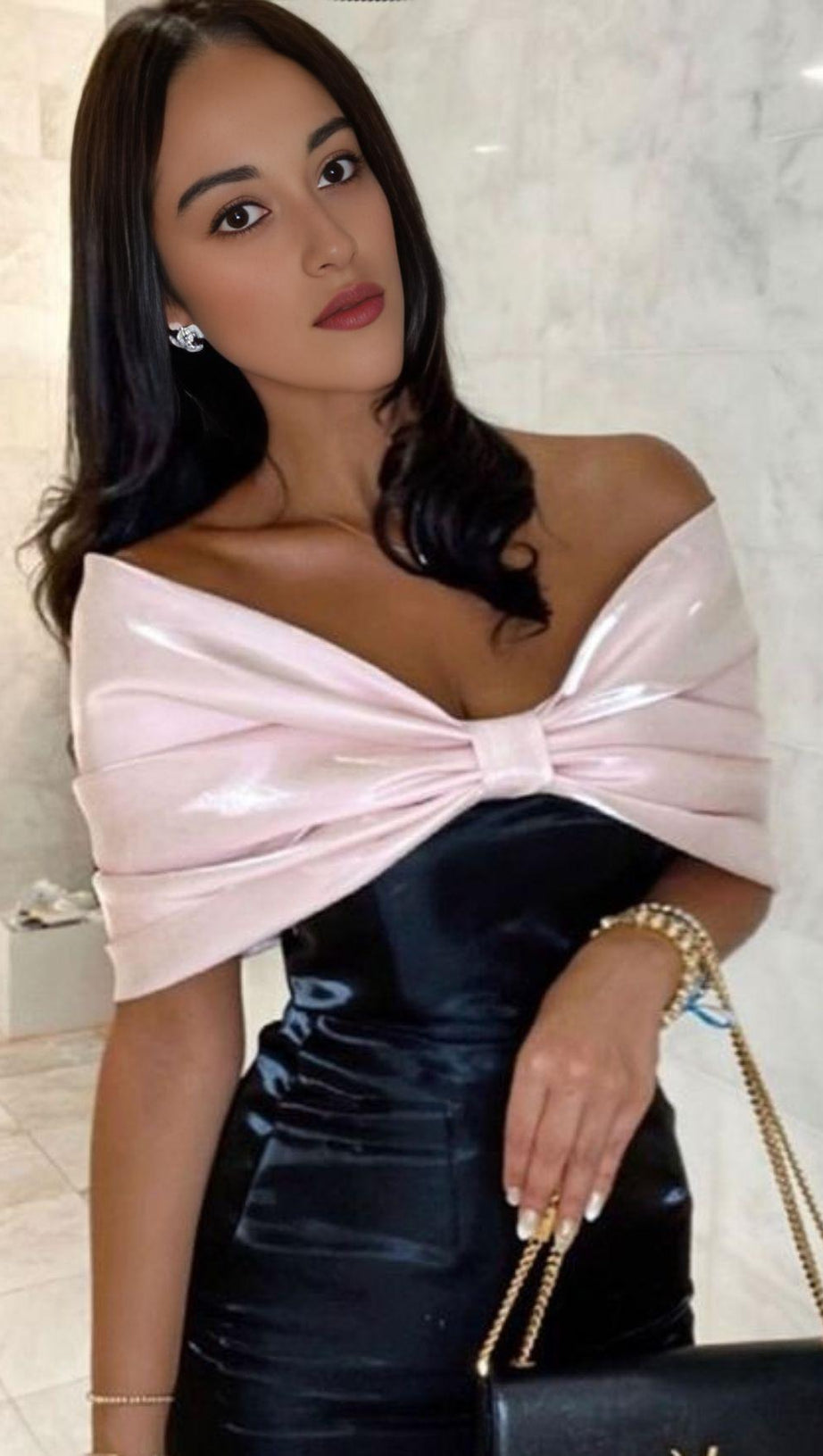 SATIN PINK BOW OFF SHOULDER MINI DRESS