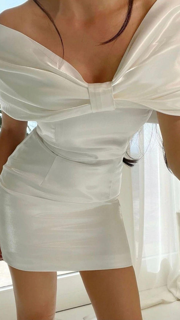 AIIZIE SATIN PINK BOW OFF SHOULDER MINI DRESS - product image
