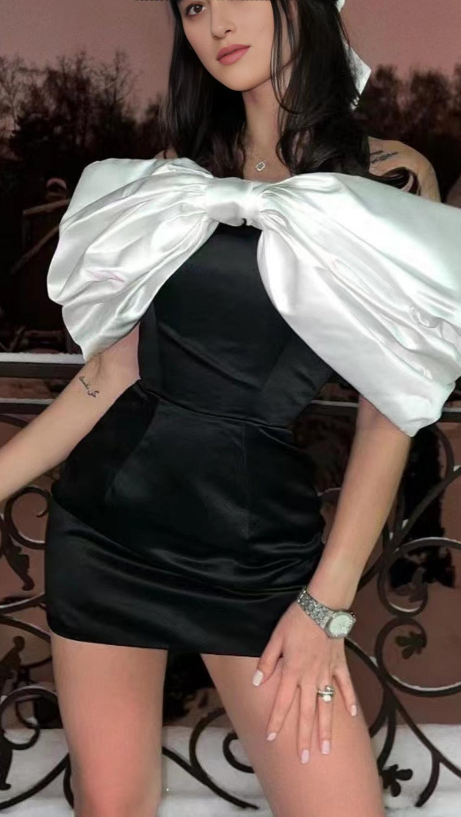 SATIN PINK BOW OFF SHOULDER MINI DRESS