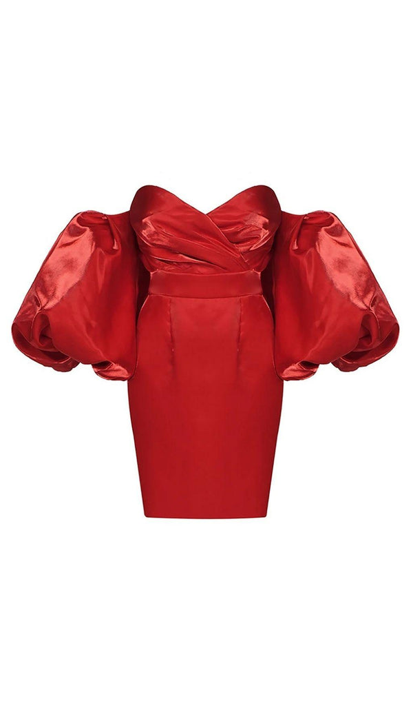 SATIN PUFF SLEEVE MINI DRESS IN RED