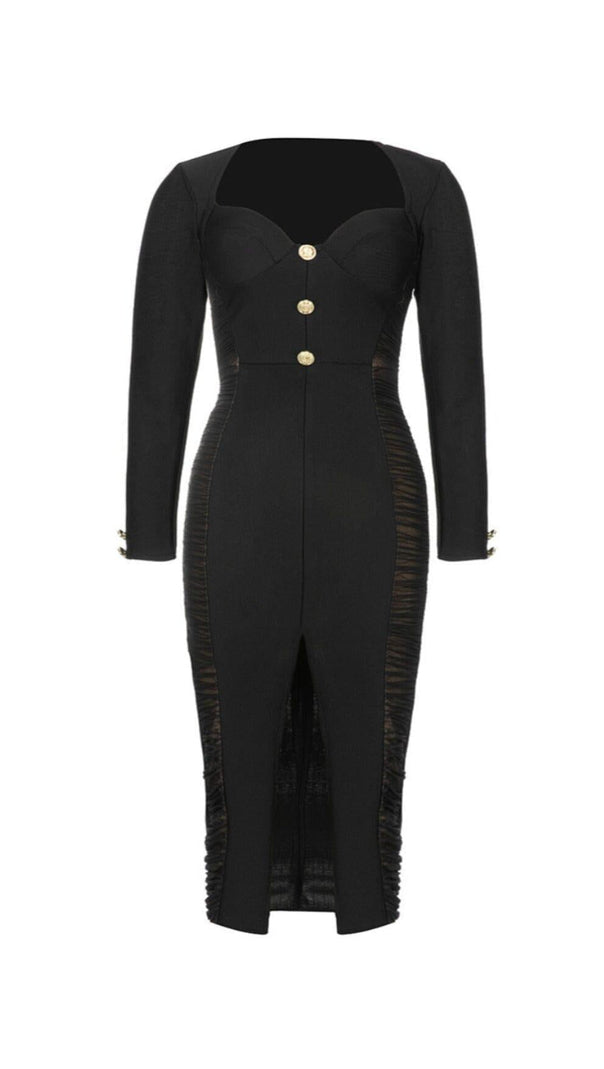 AIIZIE BLACK MESH PATCHWORK BUTTON-EMBELLISHED DRESS - product image