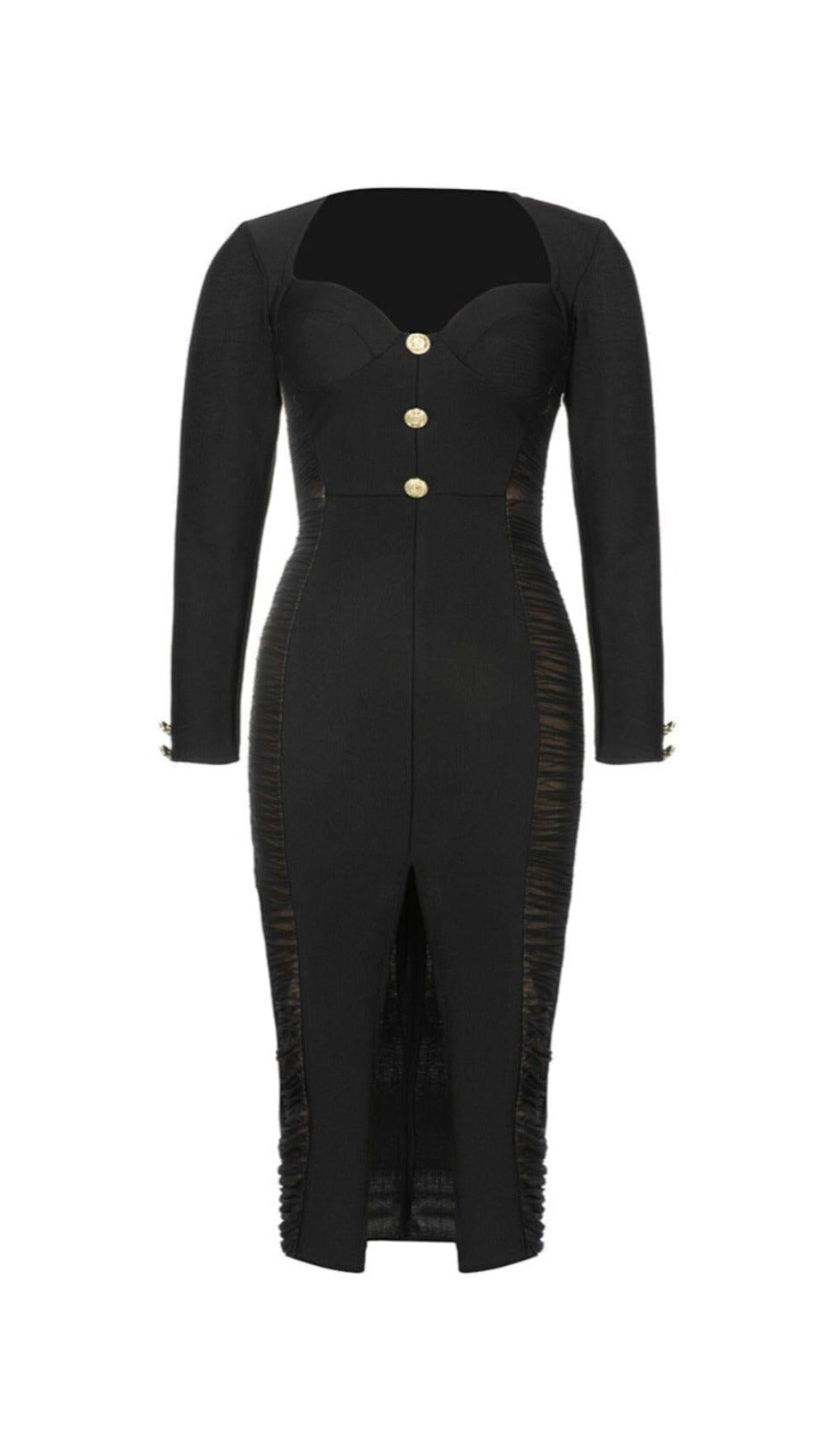 BLACK MESH PATCHWORK BUTTON-EMBELLISHED DRESS