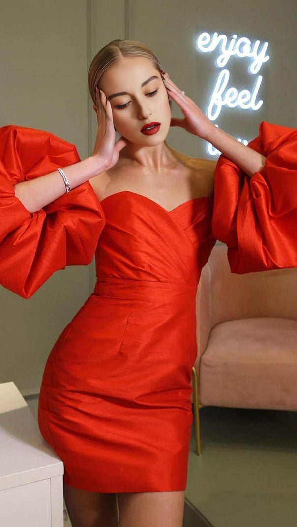 AIIZIE SATIN PUFF SLEEVE MINI DRESS IN RED - product image