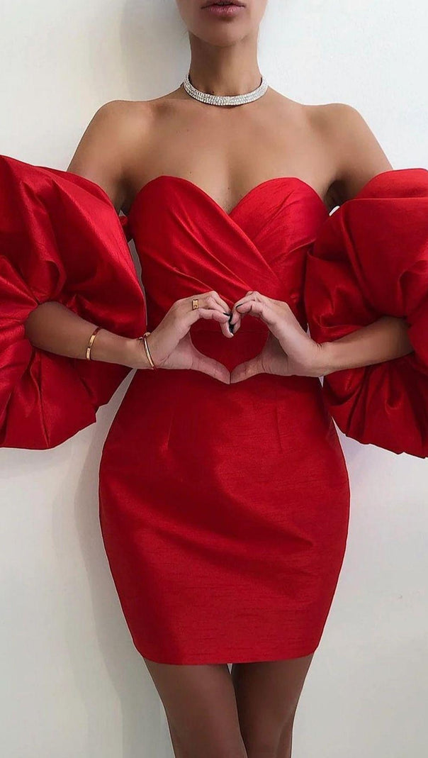 AIIZIE SATIN PUFF SLEEVE MINI DRESS IN RED - product image