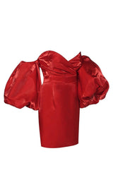 SATIN PUFF SLEEVE MINI DRESS IN RED