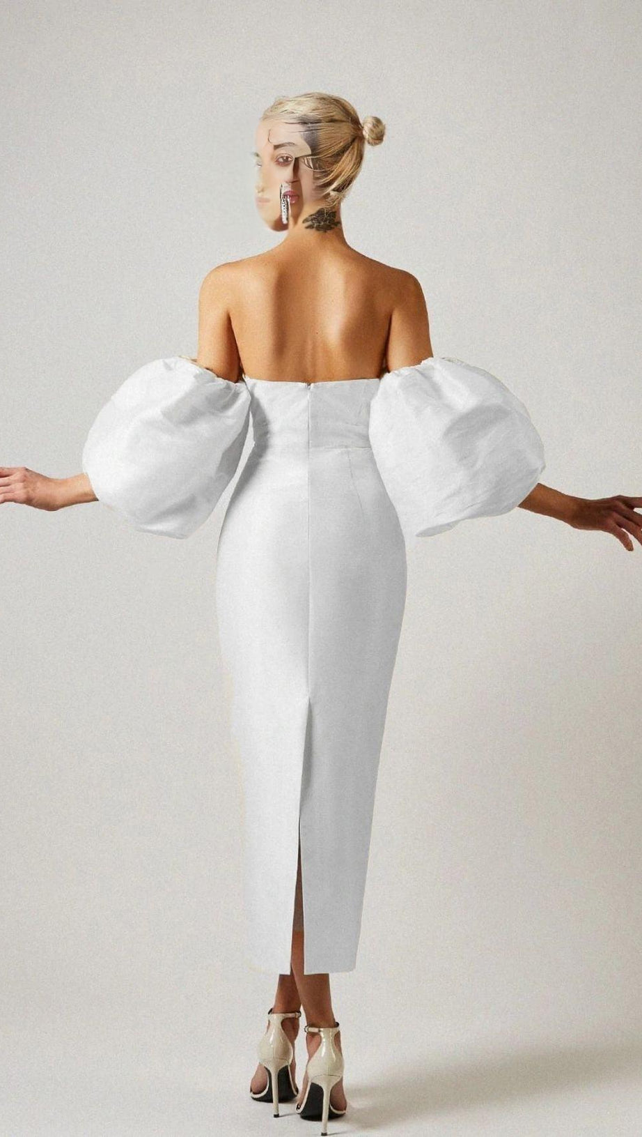 SATIN STRAPLESS MIDI DRESS IN WHITE