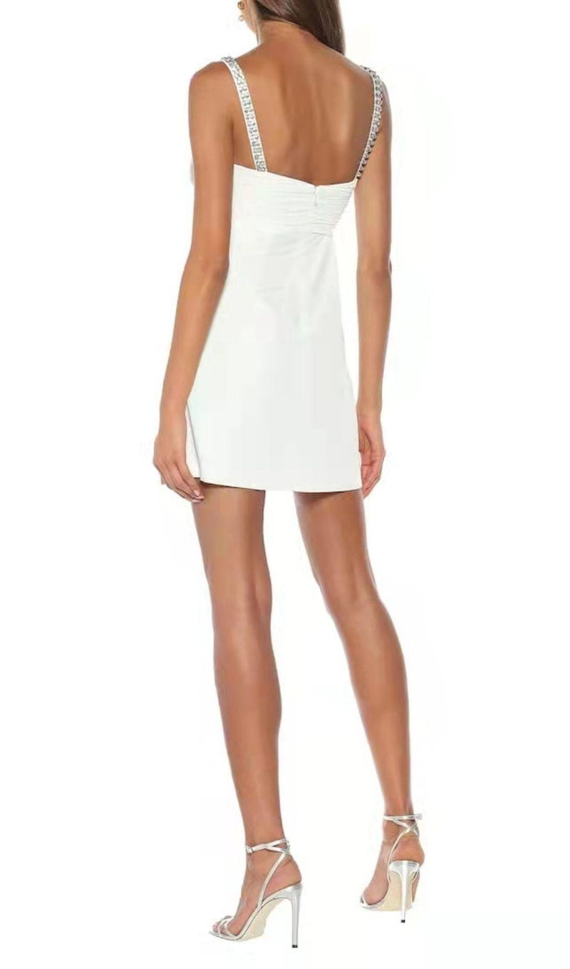 CRYSTAL SATIN MINI DRESS IN WHITE