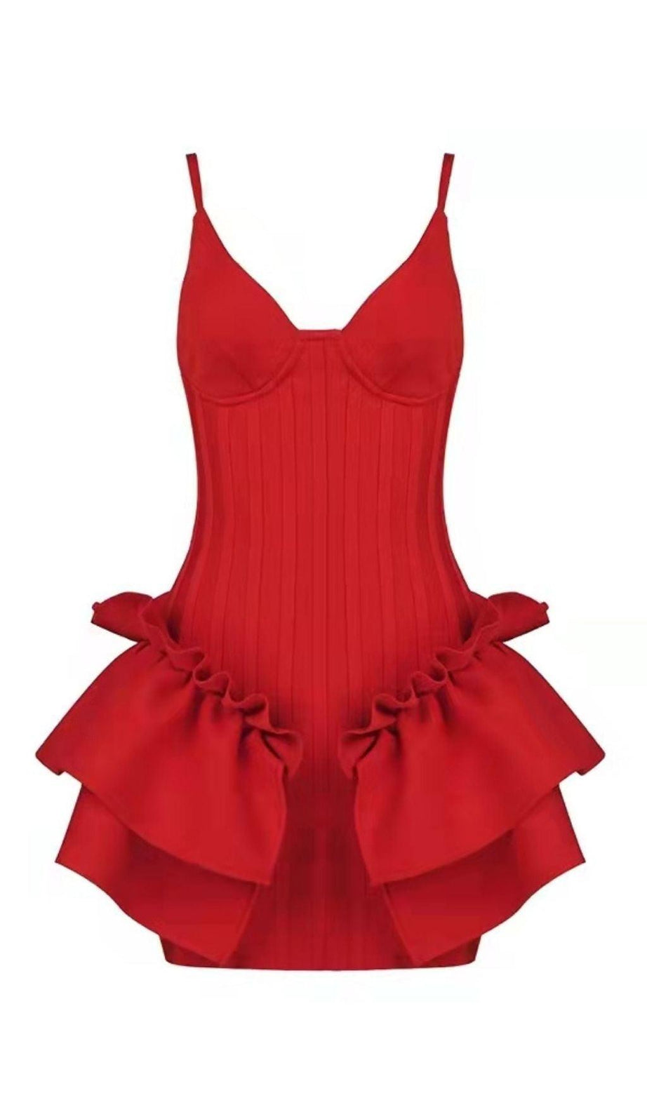 MINI ABITO CON BENDAGGI E VOLANT IN ROSSO
