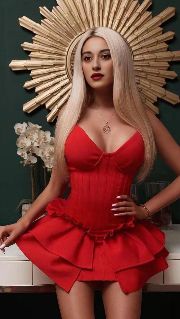 AIIZIE FRILLY BANDAGE MINI DRESS IN RED - product image