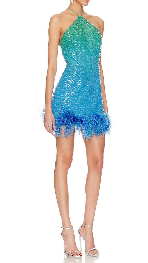 AIIZIE TURQUOISE JEWEL SEQUIN FEATHER MINI DRESS - product image