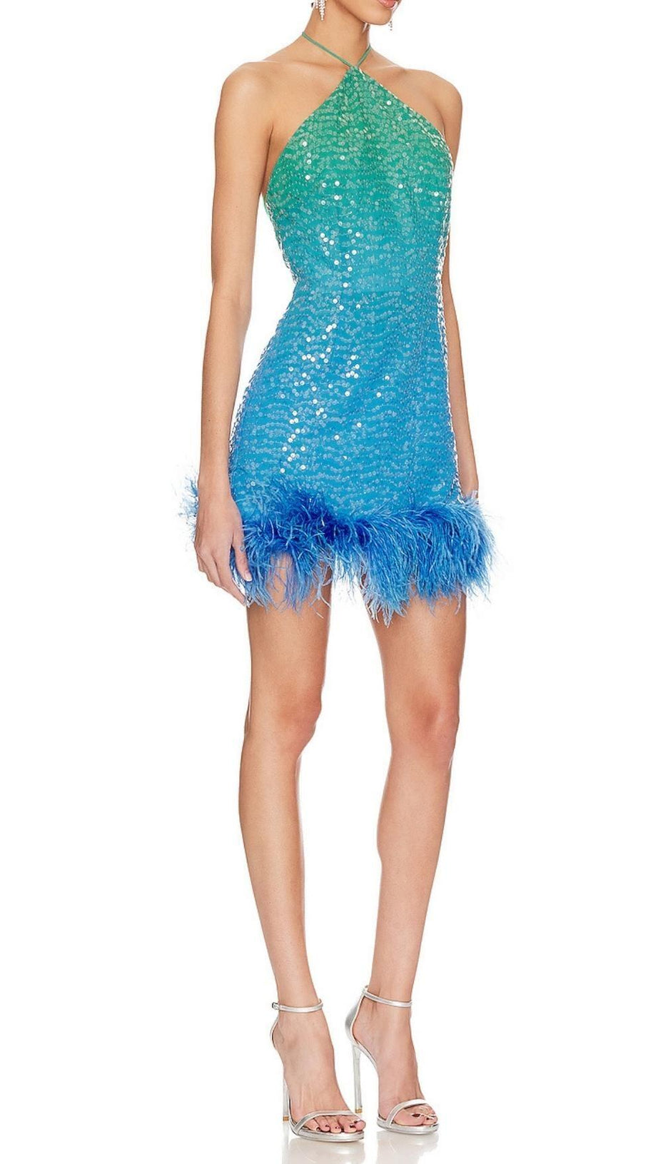 MINI ABITO CON PIUME, PAILLETTES E GIOIELLI TURCHESI