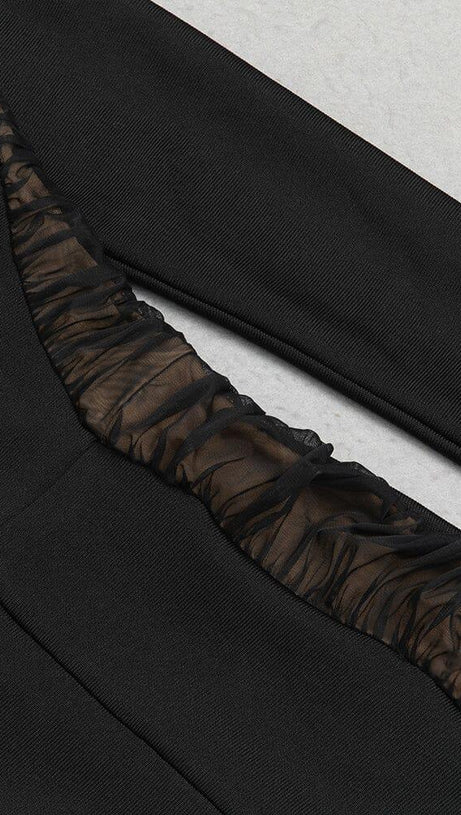 BLACK MESH PATCHWORK BUTTON-EMBELLISHED DRESS