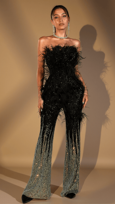 DAMARI FEATHER SEQUIN JUMPSUIT
