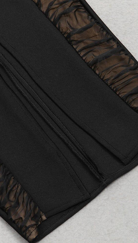 BLACK MESH PATCHWORK BUTTON-EMBELLISHED DRESS