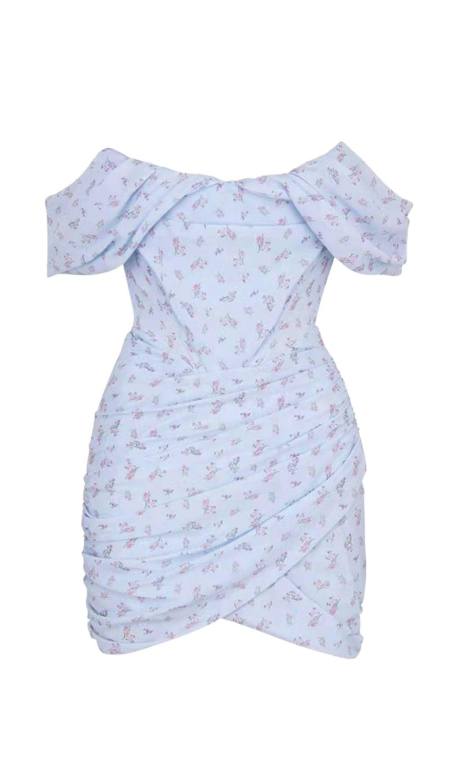 MINI ABITO CON CORSETTO DRAPPEGGIATO A FLOREALI BLU