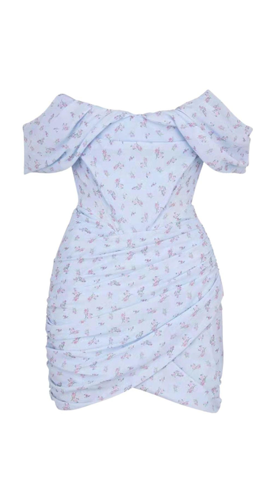 BLAUES MINIKLEID MIT DRAPIERTEM BLUMENMUSTER