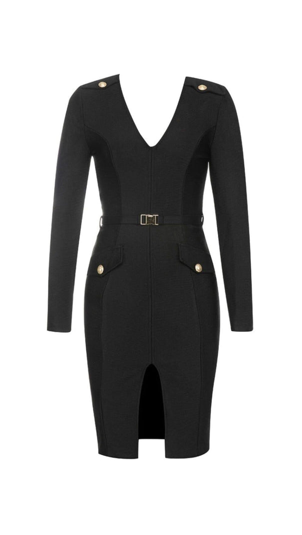 AIIZIE BLACK LONG SLEEVE METAL BUTTONS BANDAGE DRESS - product image