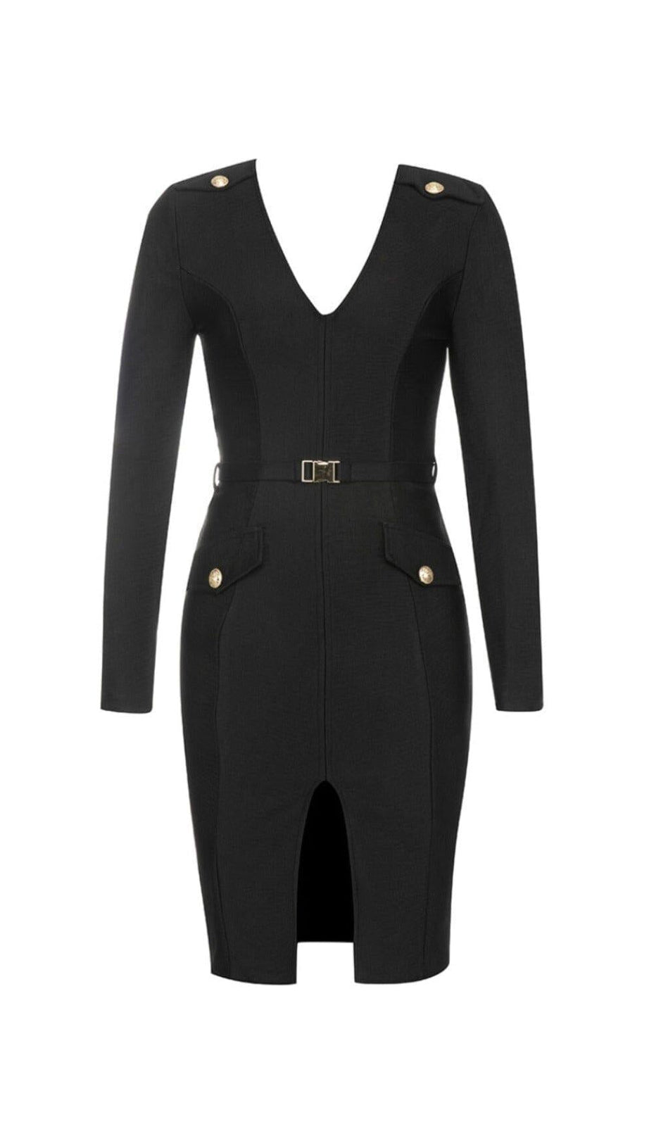 BLACK LONG SLEEVE METAL BUTTONS BANDAGE DRESS