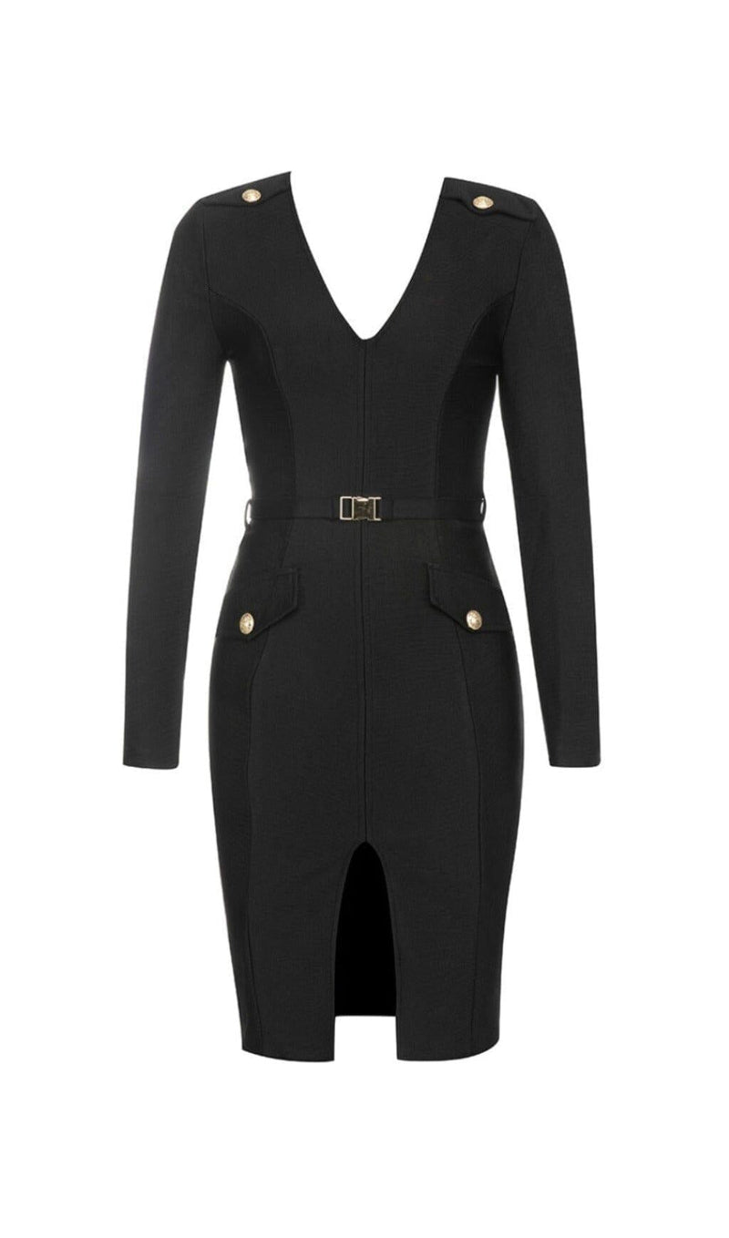 BLACK LONG SLEEVE METAL BUTTONS BANDAGE DRESS