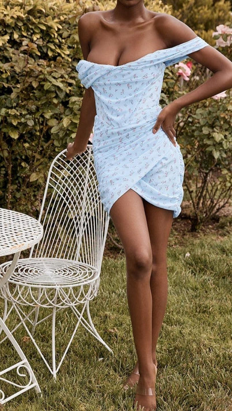 MINI ABITO CON CORSETTO DRAPPEGGIATO A FLOREALI BLU
