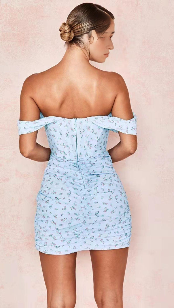 Blue Floral Draped Corset Mini Dress