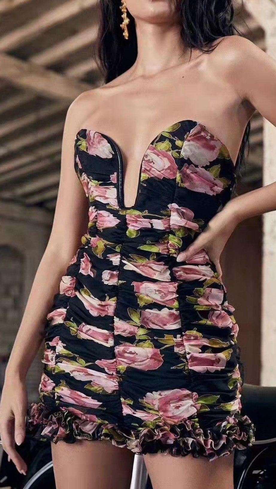 FLOWER PRINTED STRAPLESS PLUNGE MINI DRESS