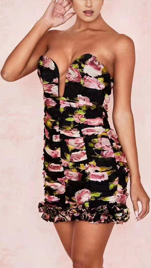 AIIZIE FLOWER PRINTED STRAPLESS PLUNGE MINI DRESS - product image