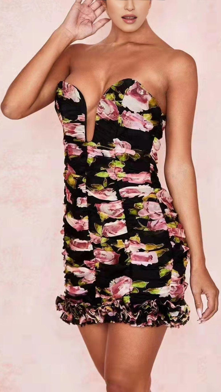 FLOWER PRINTED STRAPLESS PLUNGE MINI DRESS