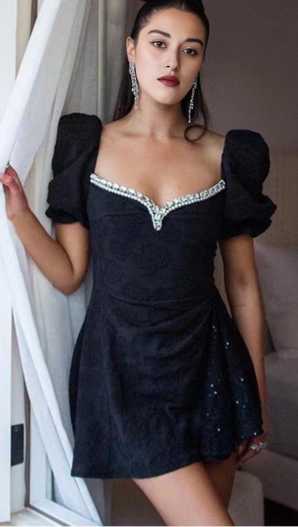 AIIZIE DIAMOND FLORAL BACKLESS MINI DRESS IN BLACK - product image
