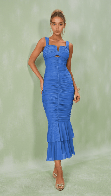 ERI RUCHED MESH MAXI DRESS IN BLUE