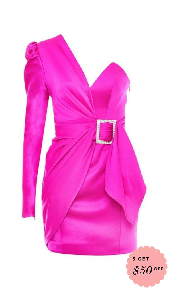 ONE SHOULDER DRAPED SATIN DRESS IN PINK