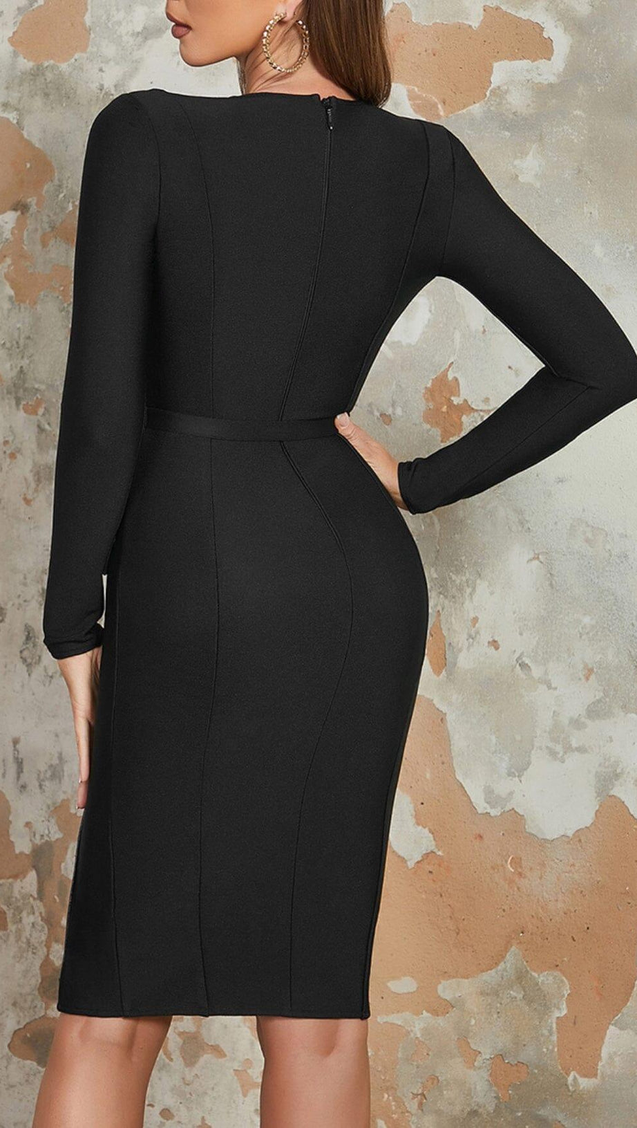 BLACK LONG SLEEVE METAL BUTTONS BANDAGE DRESS