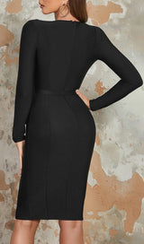 BLACK LONG SLEEVE METAL BUTTONS BANDAGE DRESS